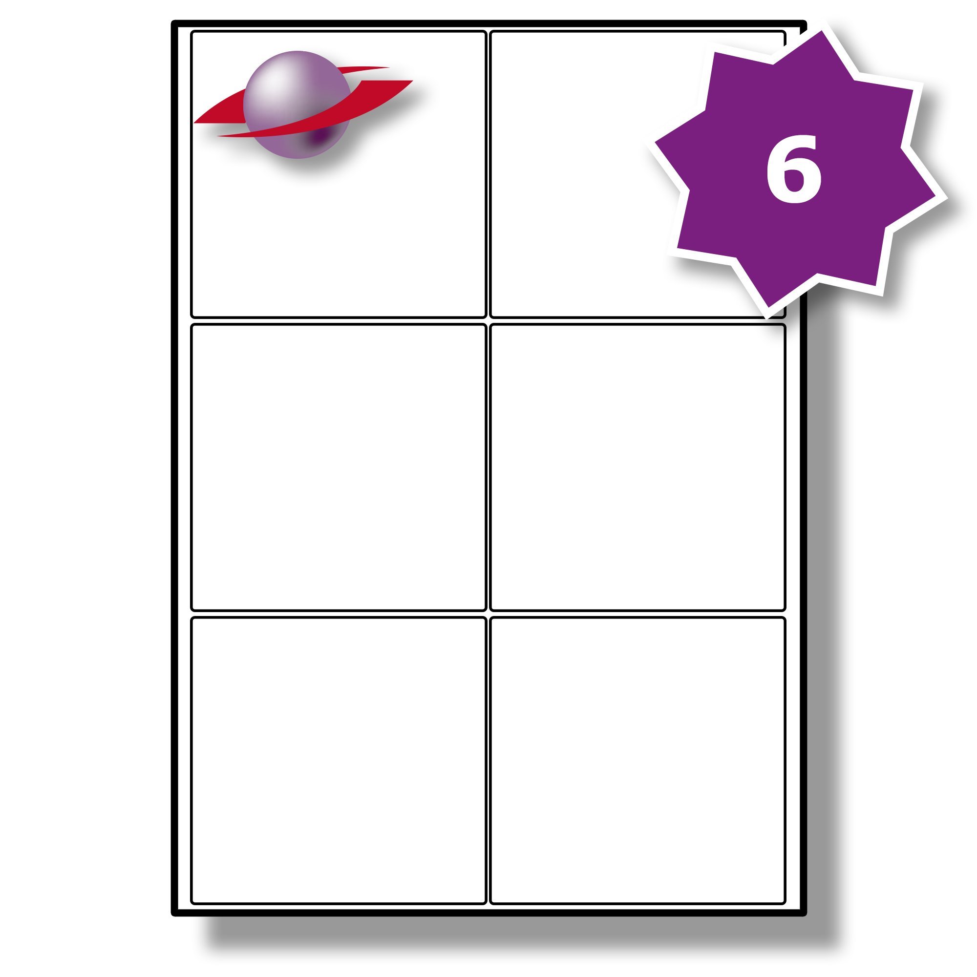 Label Planet® 6 Per Page/Sheet, 5 Sheets (30 Sticky Square Labels), White Blank Matt Plain A4 Large Stickers, for Laser/Copier or Inkjet Printer, UK LP6/95/SQ, 95 x 95 MM, General Use/All Purpose