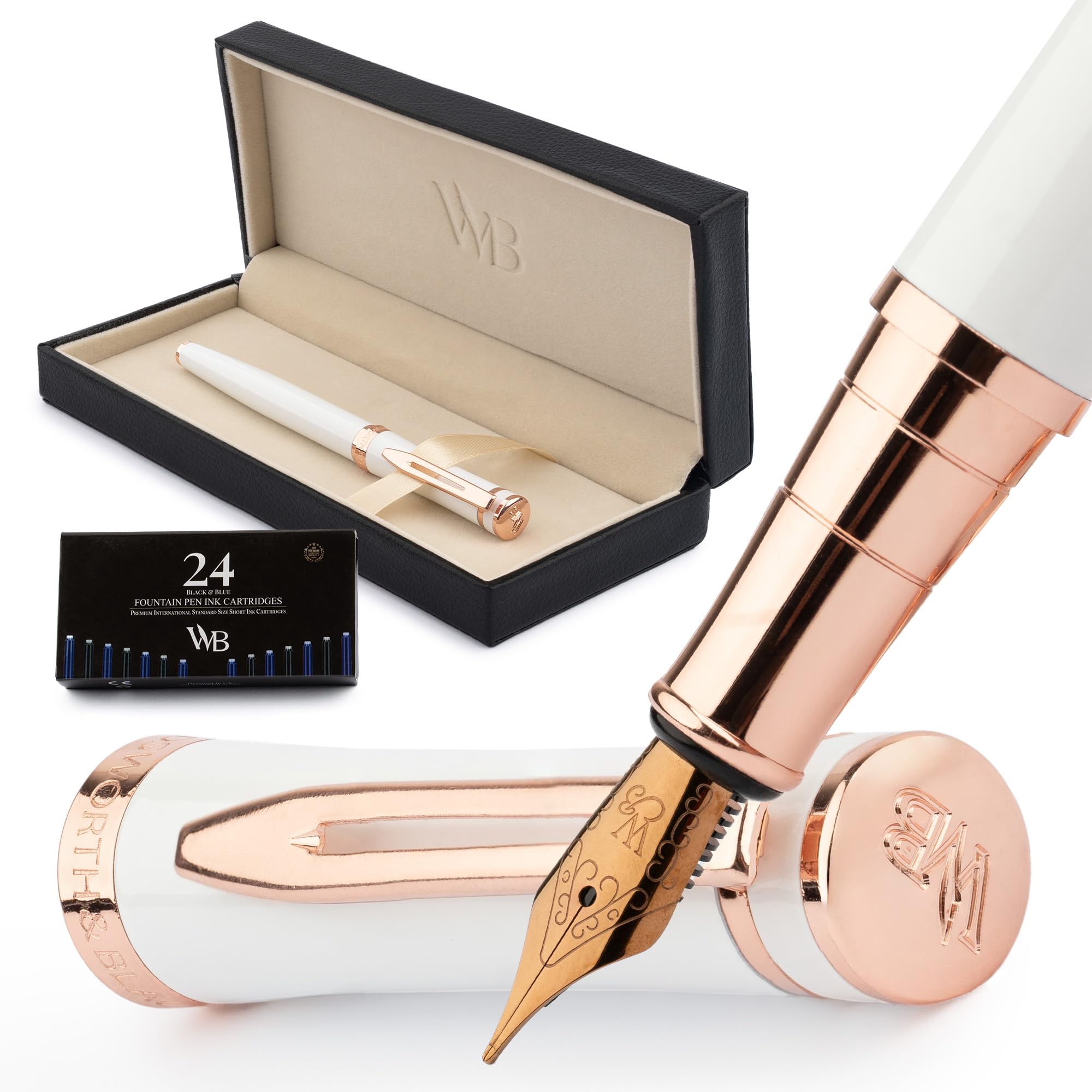 Wordsworth & Black Fountain Pen Set, 18K Gilded Medium Nib, Includes 24 Pack Ink Cartridges, Ink Refill Converter & Gift Box, Gold Finish, Calligraphy, [White Rose Gold], Perfect for Men & Women — image 1
