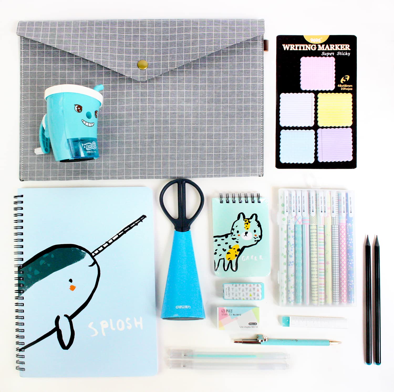 Emartbuy Premium Stationery Gift Set with Notebook Document Holder Gel Pens Scissors Sharpener Stapler and Sticky Notes for Girls Kids Teens Office