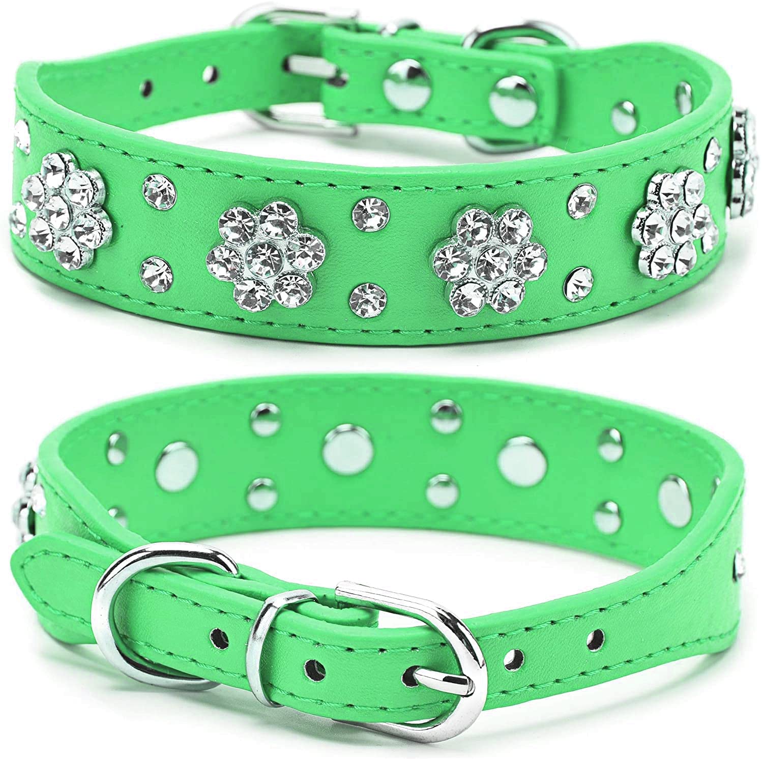 haoyueer Rhinestone Dog Collar, Cute Flower Rhinestone Cat Dog Collar Bling Collar PU Leather Collar Adjustable Sizes Small Medium Large (L, Green)