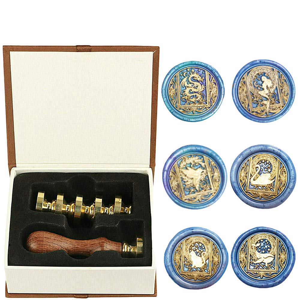 ANBOSE Starry Animal Wax Seal Stamp Set with 6 PCS Removable Brass Heads and 1 Wooden Handle, Retro Vintage Dragon Mermaid Swan Hummingbird Cat Whale Sealing Wax Stamp for Craft