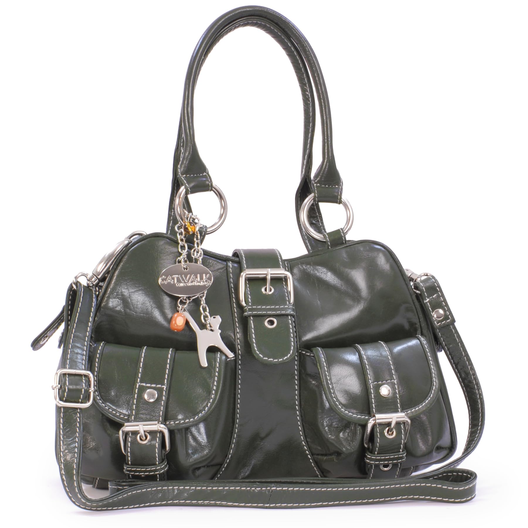 Catwalk Collection Handbags - Women's Leather Cross Body Bag With Top Handle - Medium Shoulder Bag - Detachable Adjustable Strap - Faith - Green