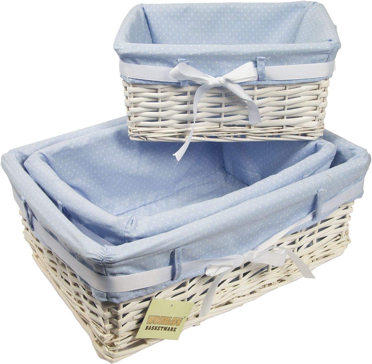 Woodluv Rectangular White Willow Wicker Hamper Storage Basket-With Blue Fabric & Ribbon (Gift Hamper Basket) -Medium - Image 4