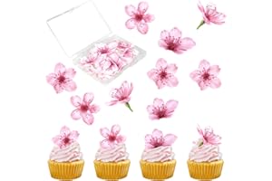 YCTHUNFISH 40 Pack Edible Cherry Blossom Cupcake Toppers Rice Paper Wafer Paper Cherry Flowers Cupcake Picks for Flower Theme