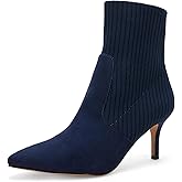 Coutgo Women's Pointed Toe Ankle Boots Stiletto Kitten Heel Knit Faux Suede Winter Sock Booties