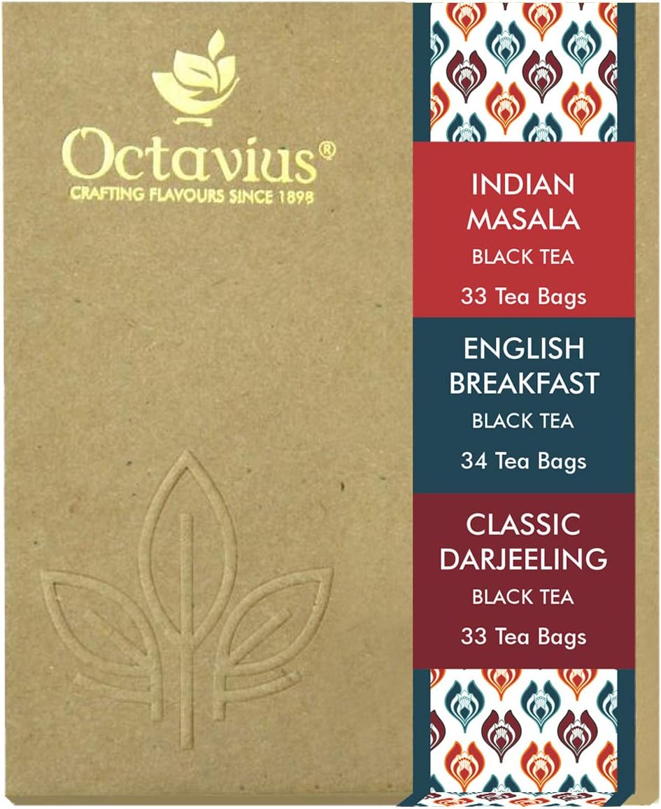 Octavius 3 Assorted Black Tea Flavors | Enveloped Tea Bags for Freshness | English Breakfast, Classic Darjeeling, Indian Masala | Perfect for Gifting Economy - 100 Teabags