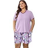 Vozanet Women's Short Sleeve Top and Shorts Pajama Sets Plus Size V Neck Colorful Flower Nighty Loungewear With TWO Pockets
