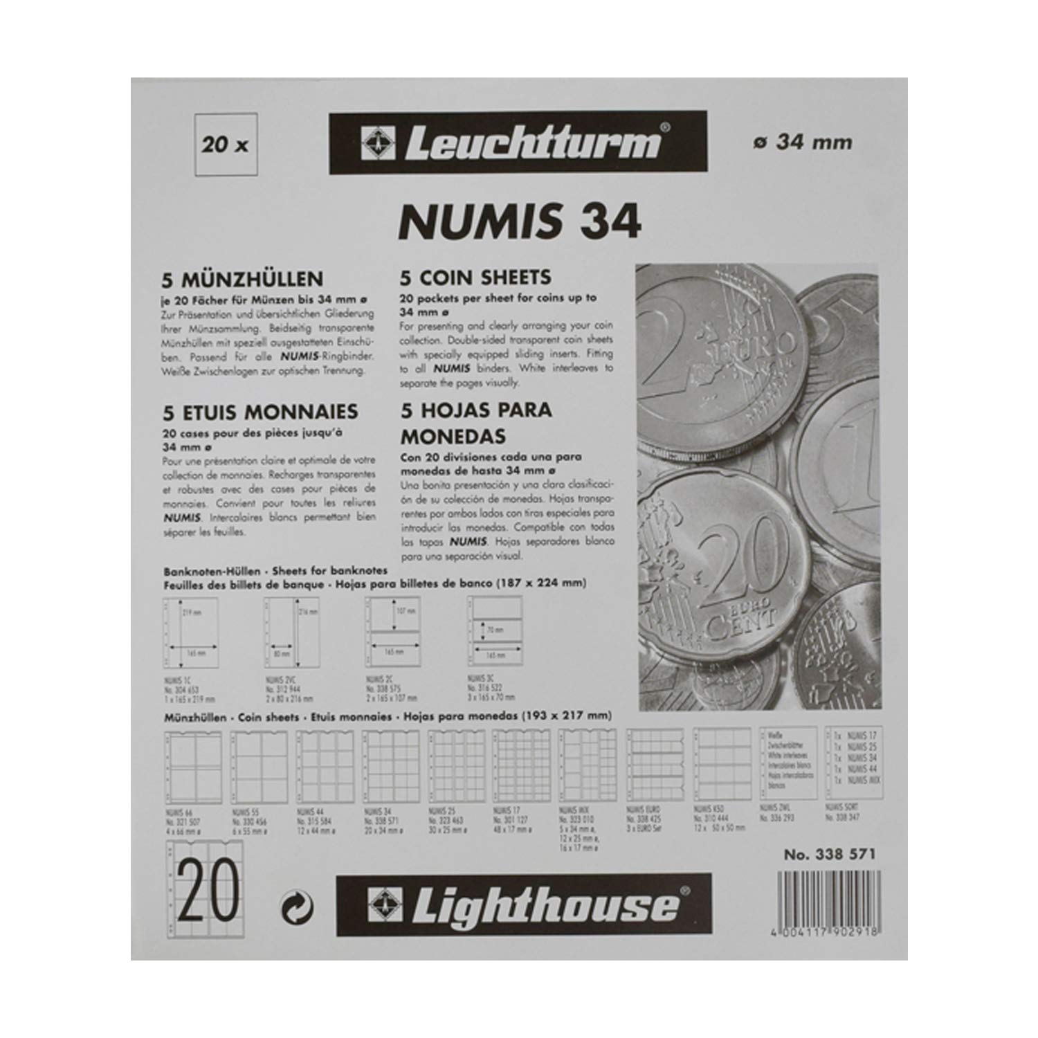 Leuchtturm 338571 Coin Sleeves Numis 34, 20 compartments for coins up to Ø 34 mm - 2, 5 and 10 euro commemorative coins - pack of 5