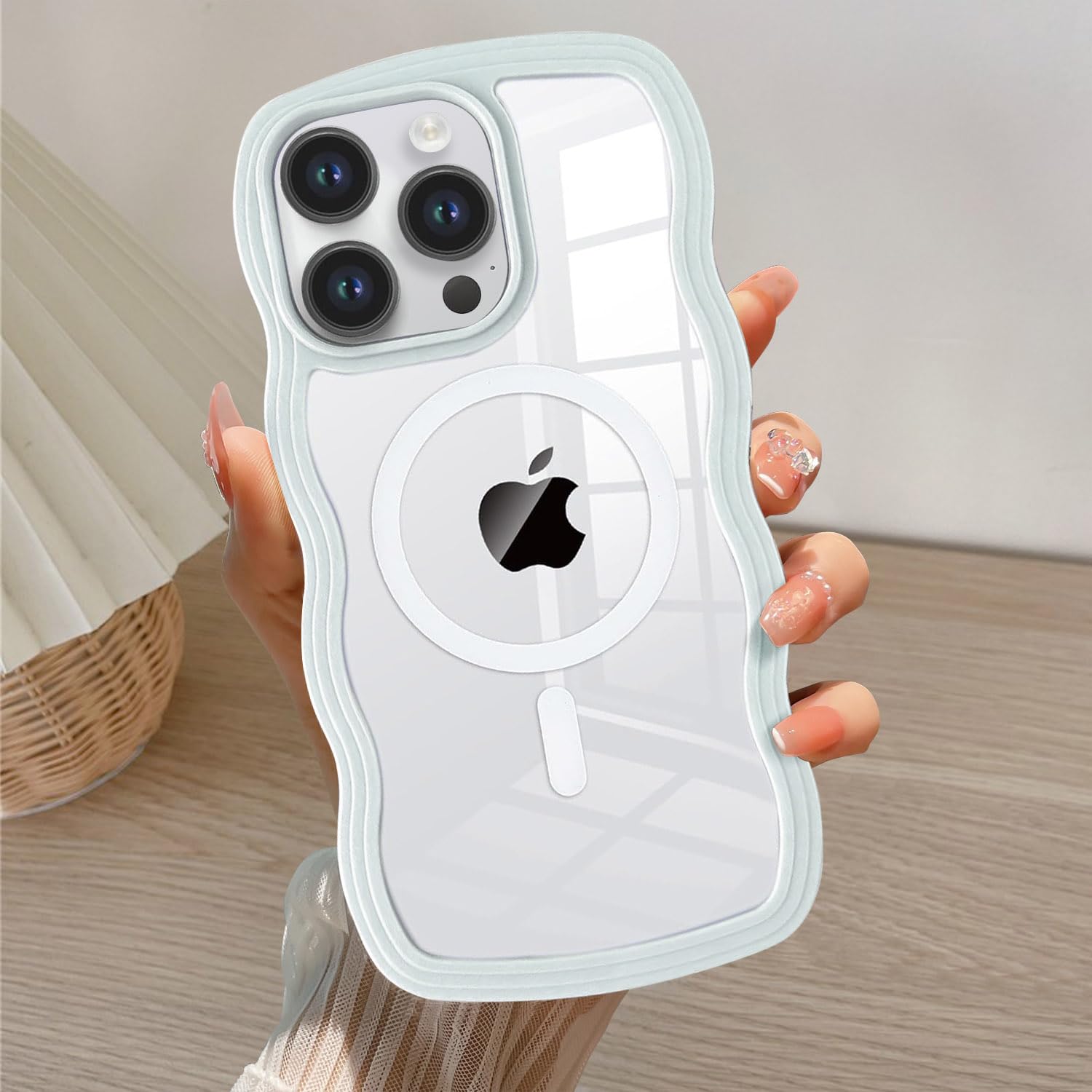 QLTYPRI Magnetic for iPhone 13 Pro Max Case Compatible with Magsafe,Cute Curly Wave Frame Clear Case for Girls Women,Transparent TPU Bumper Shockproof Phone Case Cover for iPhone 13 Pro Max-Light Blue — image 1