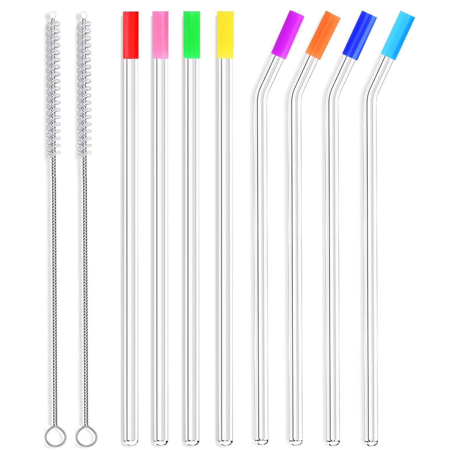 ALINK Skinny Clear Glass Straws, 10.5" x 7 mm Long Reusable Drinking Straws for 30 oz RTIC/YETI Tumblers, Starbucks Cups, Mason Jars, Pack of 8 with Cleaning Brush and Silicone Tips