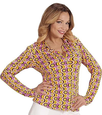 Karneval-Klamotten 70er Jahre Kostüm Bluse Retro Bluse Hippie Hemd Damen lila gelb Karneval Damen-Kostüm Größe 44/46