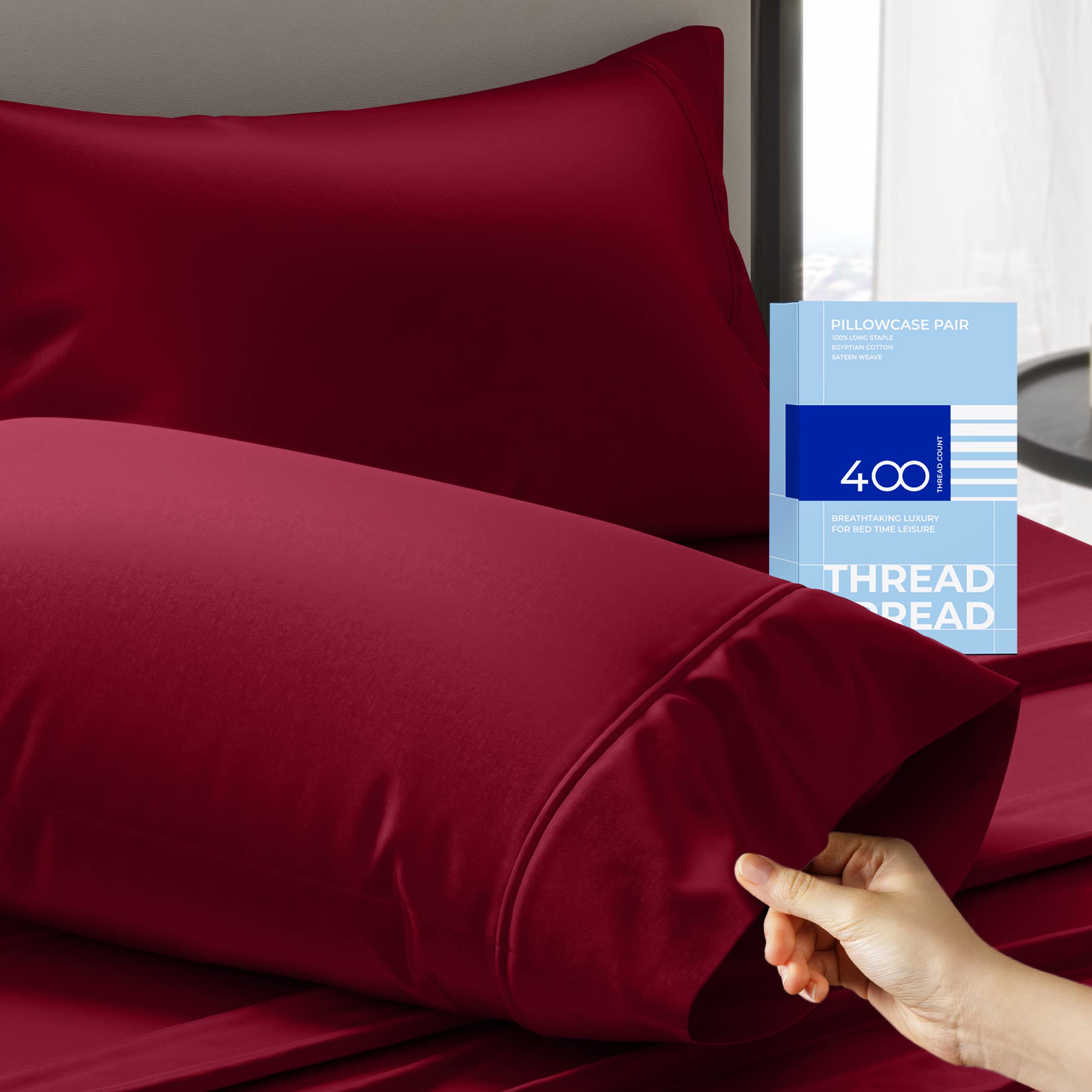 Photo 1 of THREAD SPREAD 100% Cotton Pillowcases Standard/Queen Size Set of 2-400 Thread Count Cotton Pillowcases, Ultra Soft Cool Sateen Weave Pillow Cases for Sleeping, Set of 2 Pillow Covers (Burgundy)