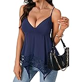 Rooscier Women's Contrast Lace Ruched V Neck Sleeveless Peplum Asymmetrical Tank Tops