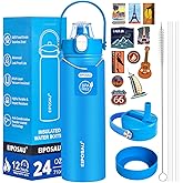 Insulated Water Bottle with Lid & Boot & Stickers, 24 oz Stainless Steel Sweat Free Bottle Keep Cold 24H, BPA-Free Sports Wide Mouth Water Bottle, Blue