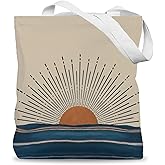 LADOCK Boho Sun Tote Bag, Abstract Orange Sunshine Minimalist Canvas Tote Bags for Women, Boho Gifts for Women, Mid Century Modern Ocean Reusable Grocery Shopping Bags