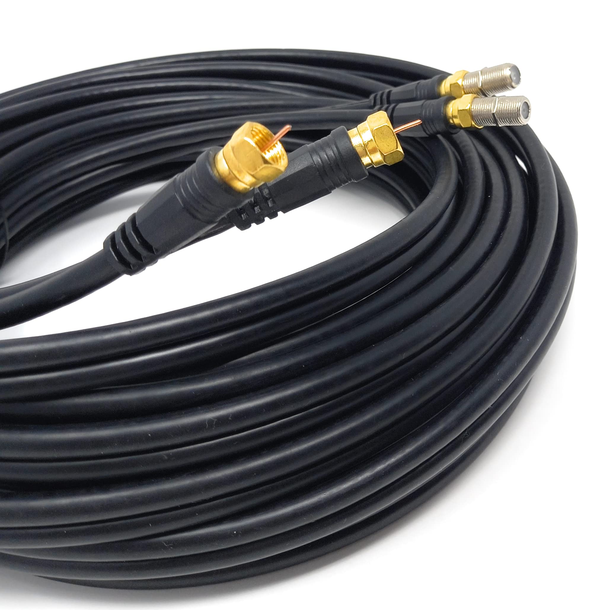 DRUT 10m Twin Shotgun Satellite Moulded F-Type Plug to Socket RG6 Coaxial Extension Antenna Cable Lead With F-Type Couplers 33ft Black