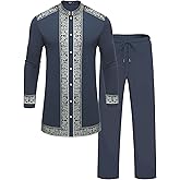 ZSJR Mens African 2 Piece Set Nigerian Dashiki Metallic Traditional Suit Gold Stamp Printed Shirt and Pants Outfit