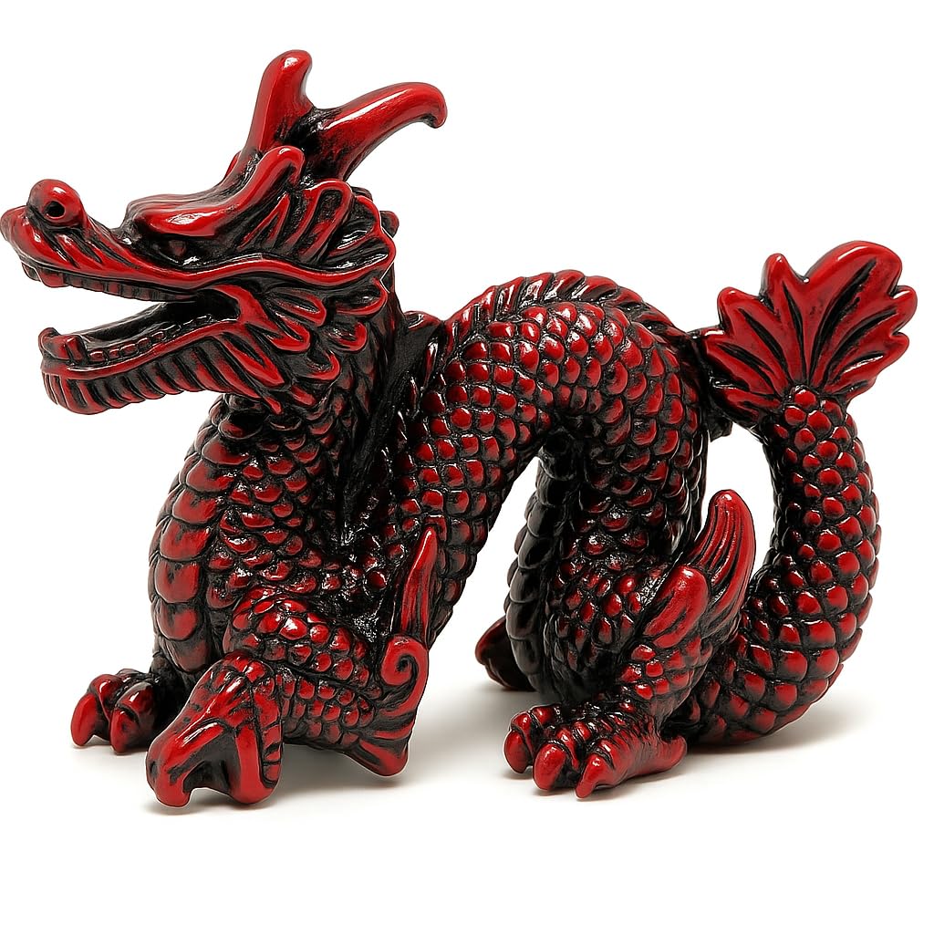 Red Black Resin Dragon Figurine 8cm – Oriental Feng Shui Mythical Creature Ornament for Home Decor, Desk, Office, Collectors Display JR1068