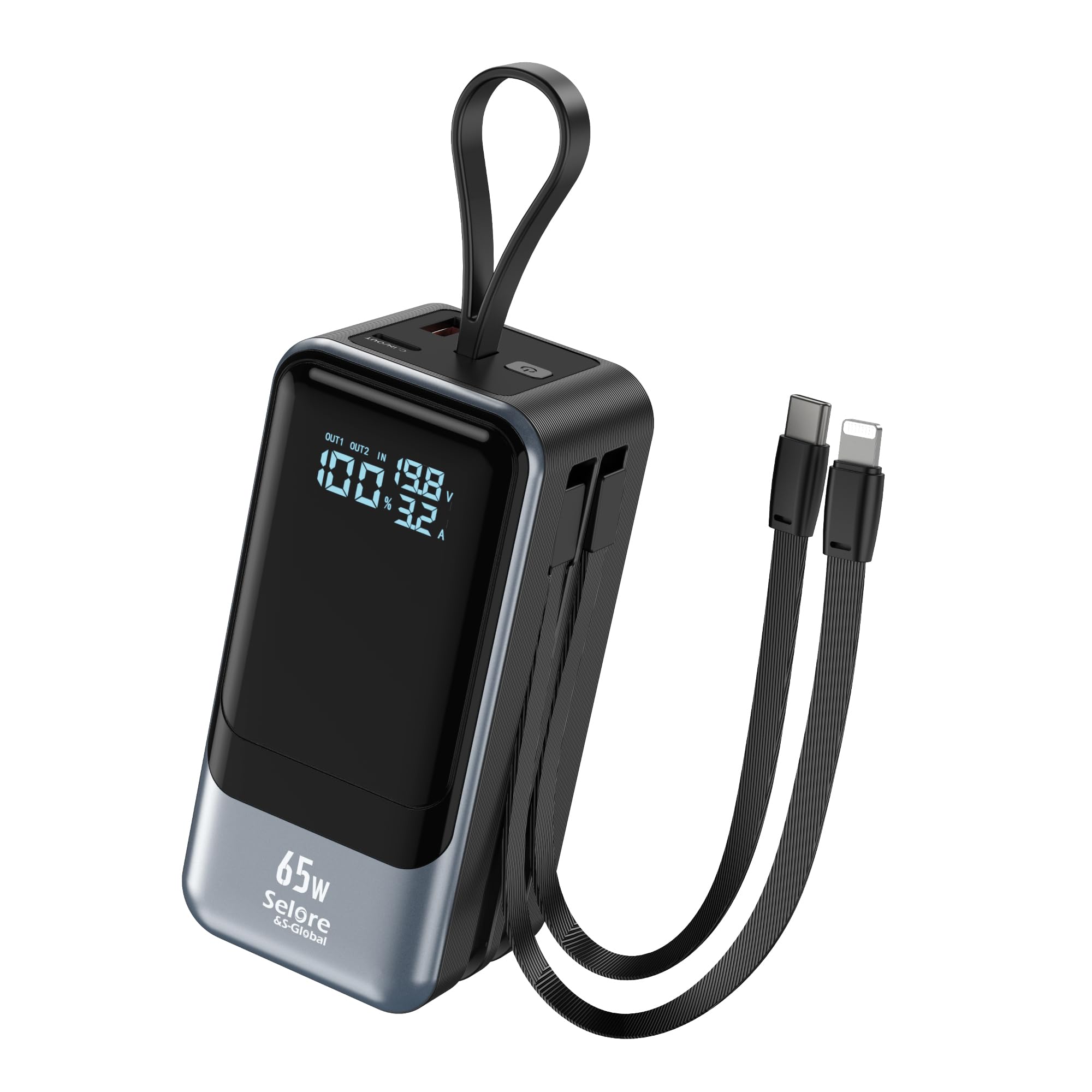 Selore&S-Global Power Bank, 65w Powerbank USB C, Externe Handyakkus Schnellladefunktion mit Kabel, Akkupack 4 Anschlüsse für iPhone 17 16 15 14 Galaxy Laptop MacBook Surface Go iPad Steam Deck Drohne