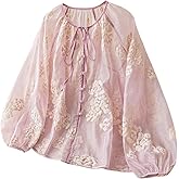 GORGLITTER Women's Boho Peasant Blouses Floral Embroidered Tops Summer Sheer Tie Front Flowy Long Sleeve Button Up Shirts