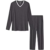 MoFiz Mens Pajama Set Long Sleeve V Neck 2 Piece Nightwear Loungewear Sleepwear Modal Pants With Pockets Pj's Sleep for Men