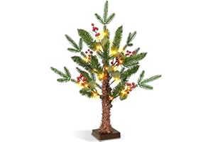 GRANDEAL 24" /2FT Tabletop Christmas Tree with Lights Timer, USB or Battery Powered, Prelit Small Christmas Trees with Realistic Norfolk Pine Tips 24LED Berries Pinecones for Xmas Indoor Home Table Desk