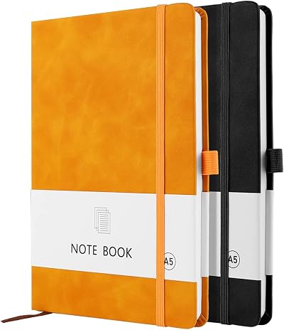 Lefute A5 Notebook 2 Pack 200 Pages 100 GSM Hardback with Pen Loop Elastic