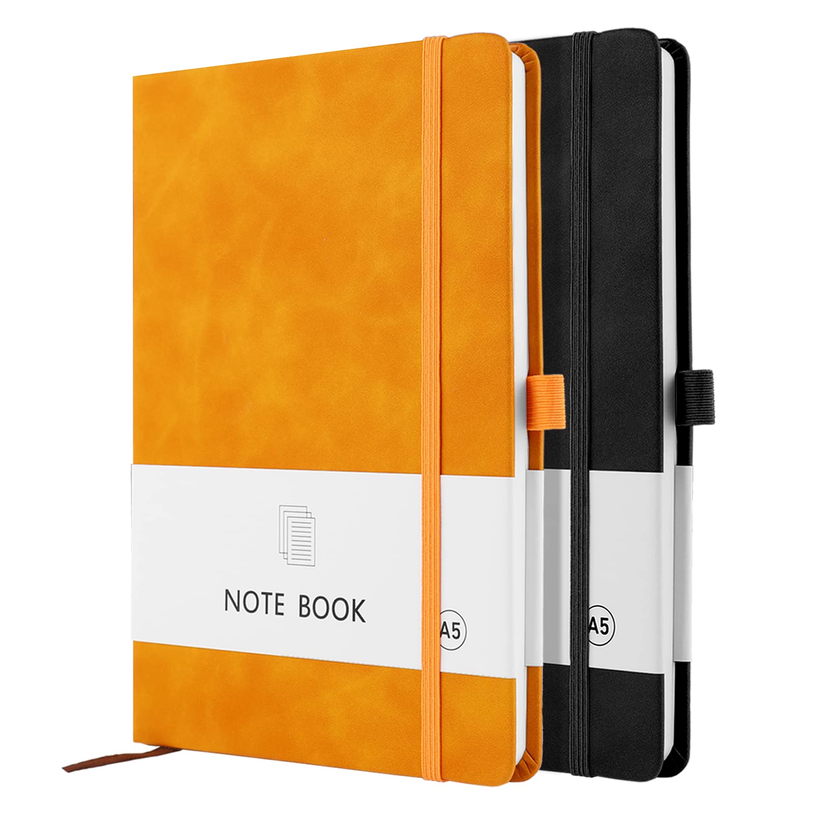 Lefute A5 Notebook, 2 Pack Note book A5 200 Pages 100 GSM Journal Notebook Hardback Notepad with Bookmark, Pen Loop, and Elastic Closure (Black+Yellow)