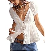 MakeMeChic Women's Boho Puff Sleeve Blouse Lace Trim Button Down Deep V Neck Casual Shirt Going Out Top