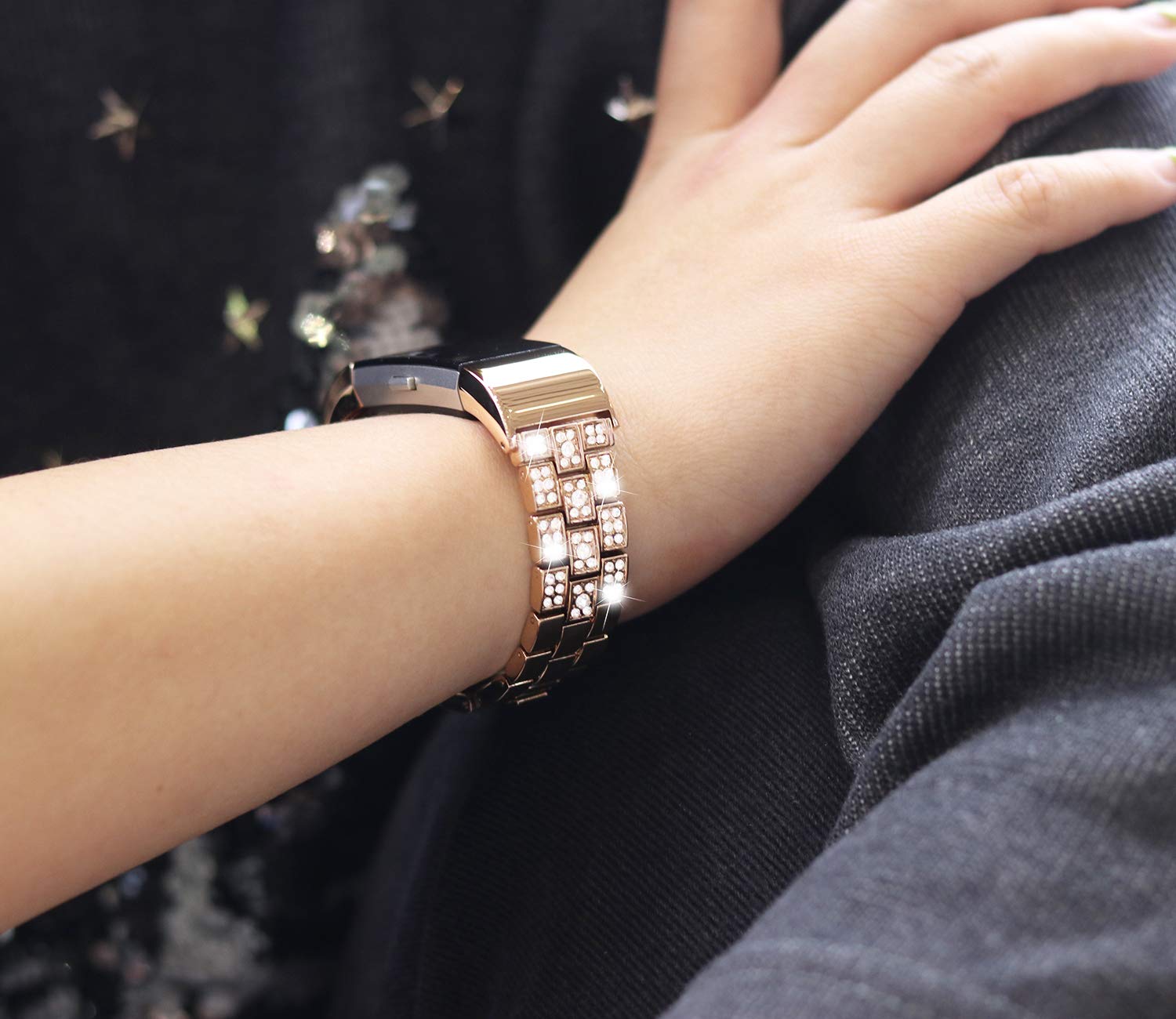 Kaleidoc Bands Compatible Fitbit Charge 2 - Metal Accessories Replacement Bling Wristband with Rhinestone Bracelet Compatible Fitbit Charge 2 Bands Women Men/Large Small/Silver Black