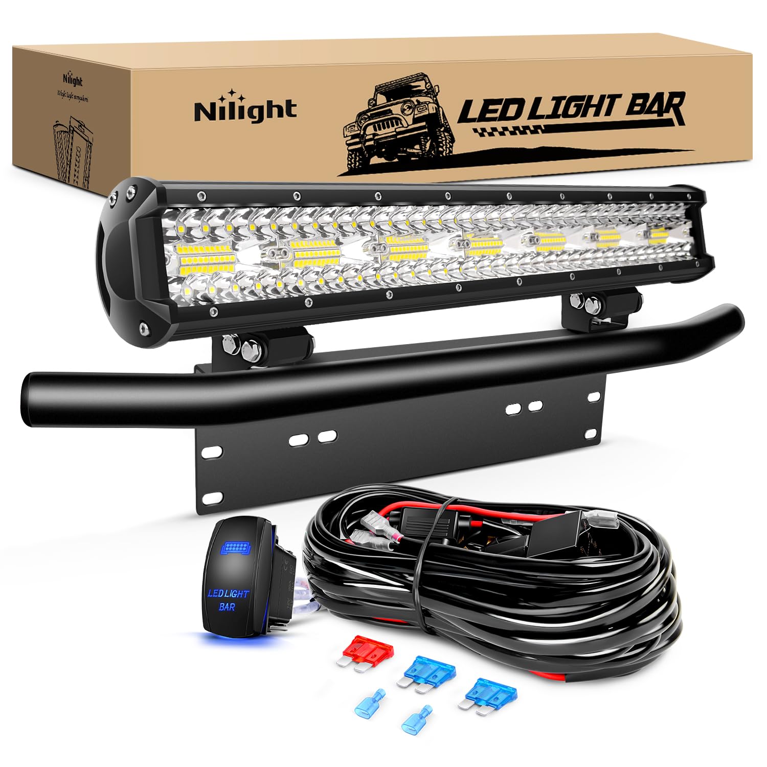 Nilight 20 Inch 420W Triple Row Flood Spot Combo 42000LM Light Bar Driving Boat Led Off Road Lights with Front License Plate Frame Bracket and Switch Wiring Harness Kit