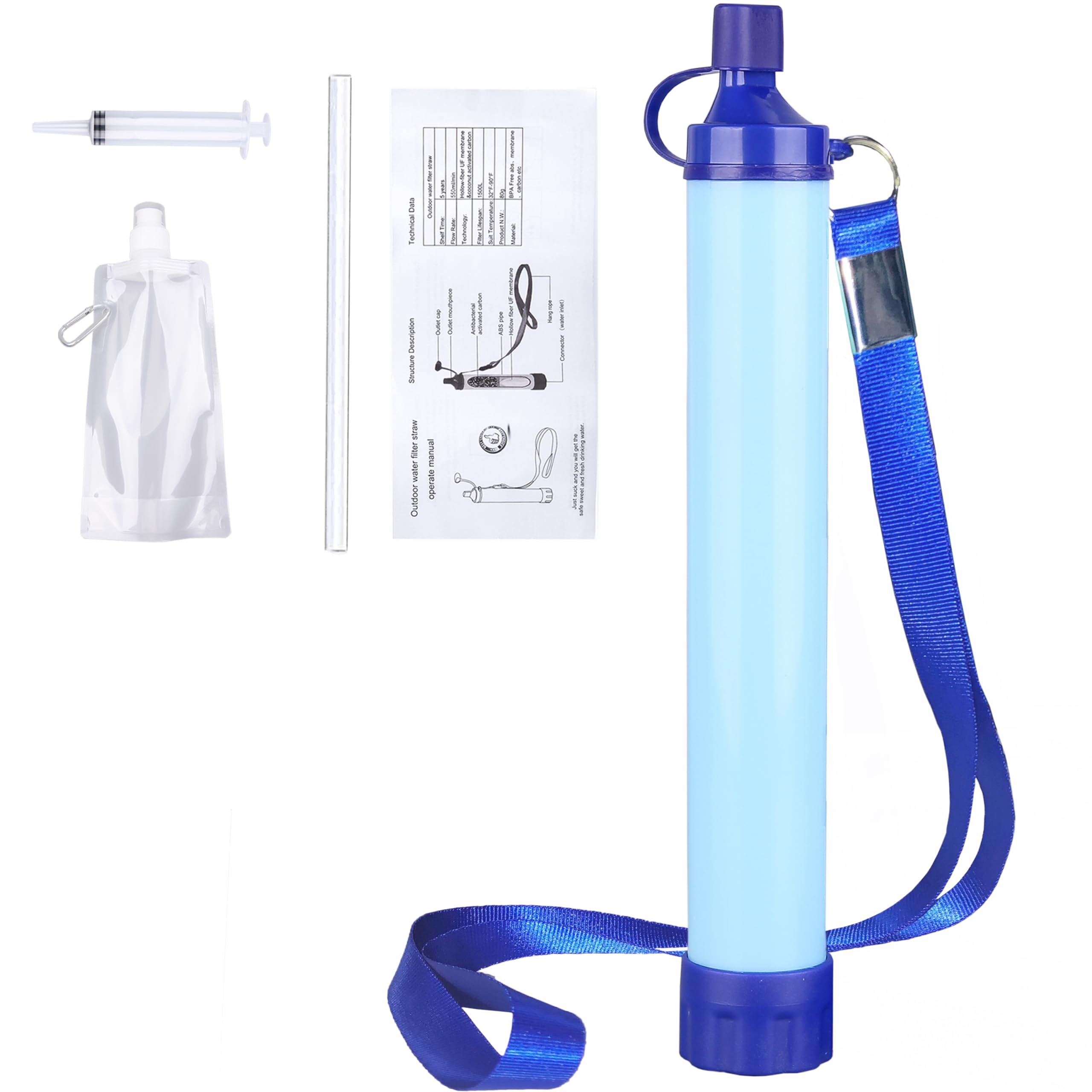 Camping Water Filter Personal Water Purification Straw Portable Outdoor Survival Purification Kit, 0.01 Micron Emergency Gear for Hiking, Travel and Emergency Preparedness
