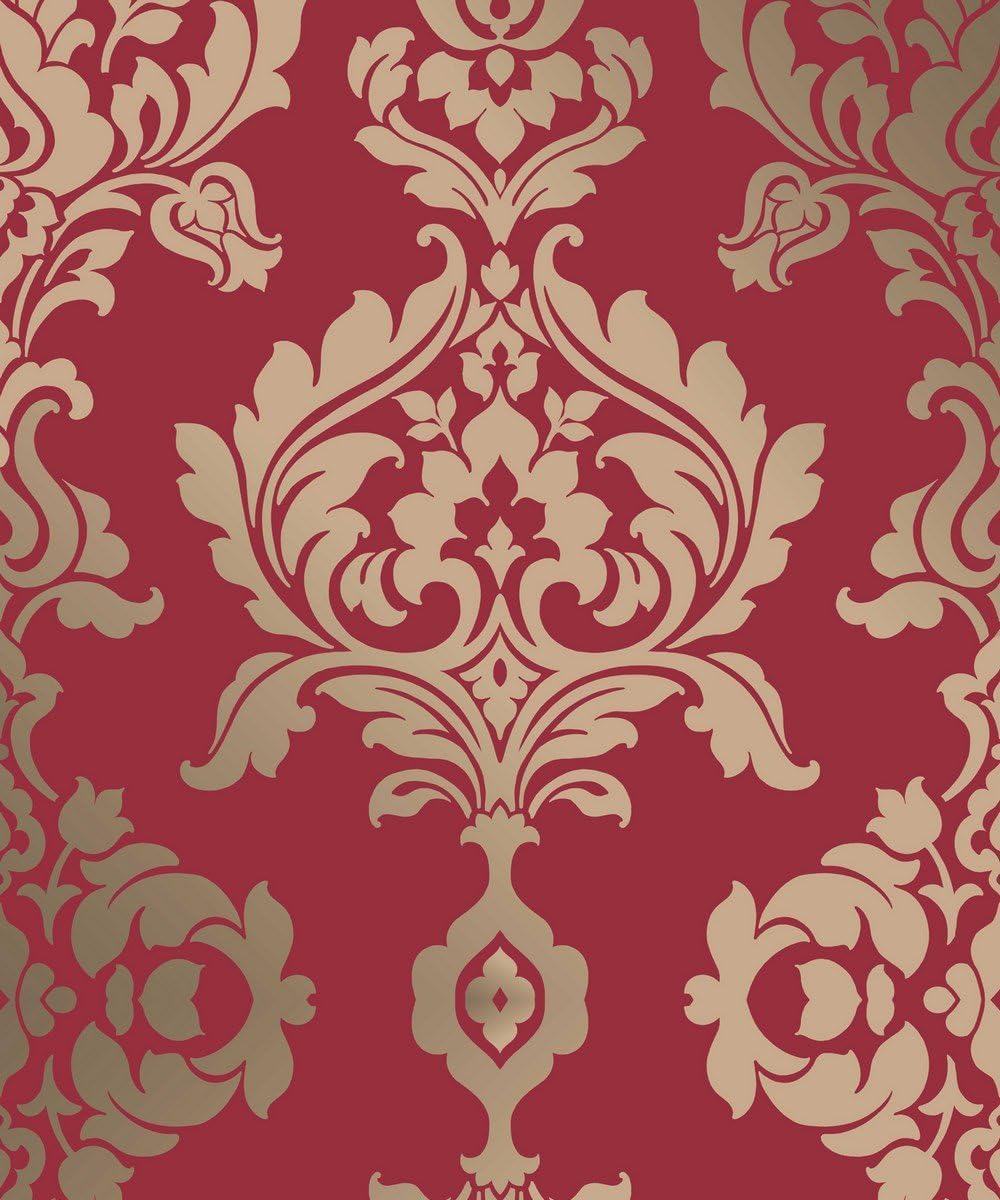 RED GOLD FOIL DAMASK PASTE THE WALL 10 MTR ROLL