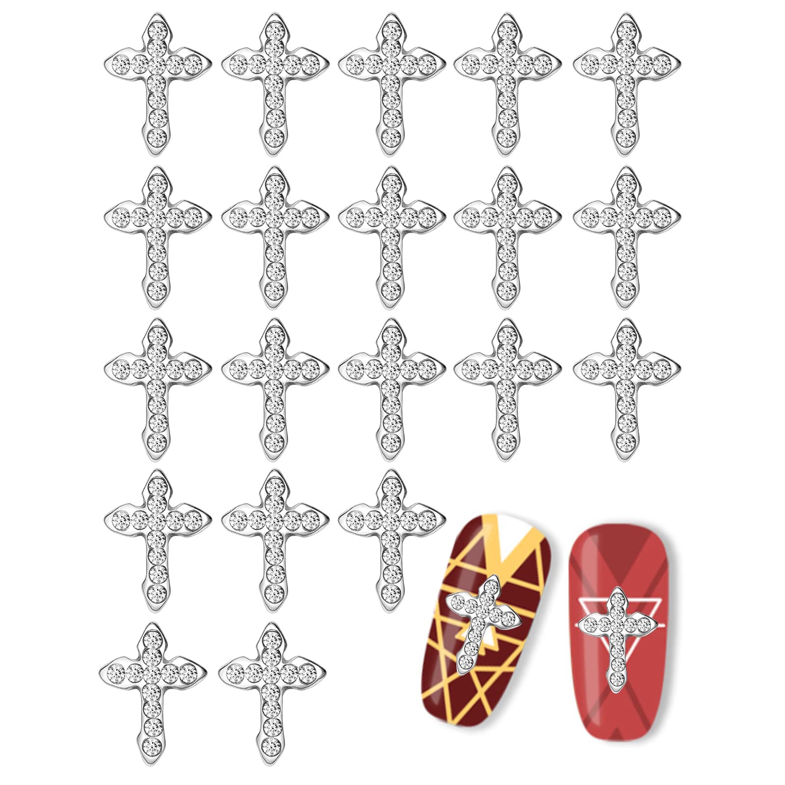 Nail Art Cross,20PCS Rhinestones Cross Nail Charms,Silver Nail Art Gems for Manicure Design Decorations Craft DIY Jewelry Making (A Silver)