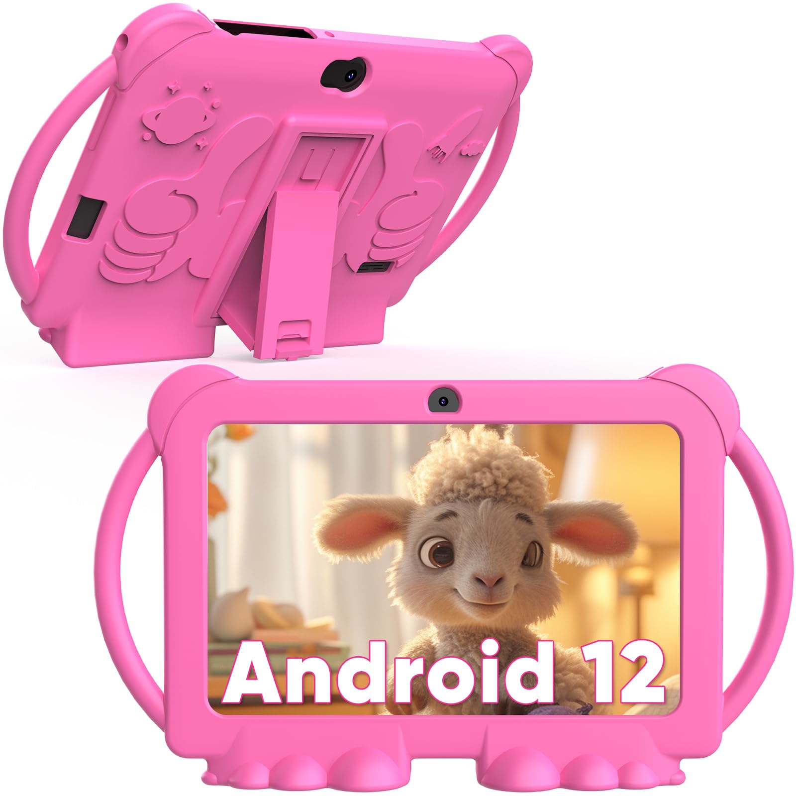 HOTTABLET Kids Tablet 7 inch Android 12, 4GB RAM 32GB ROM, 512GB Expandsion, with Parental Control, WiFi, Bluetooth, Dual Camera with Silicone Case, 1PCS(Pink)