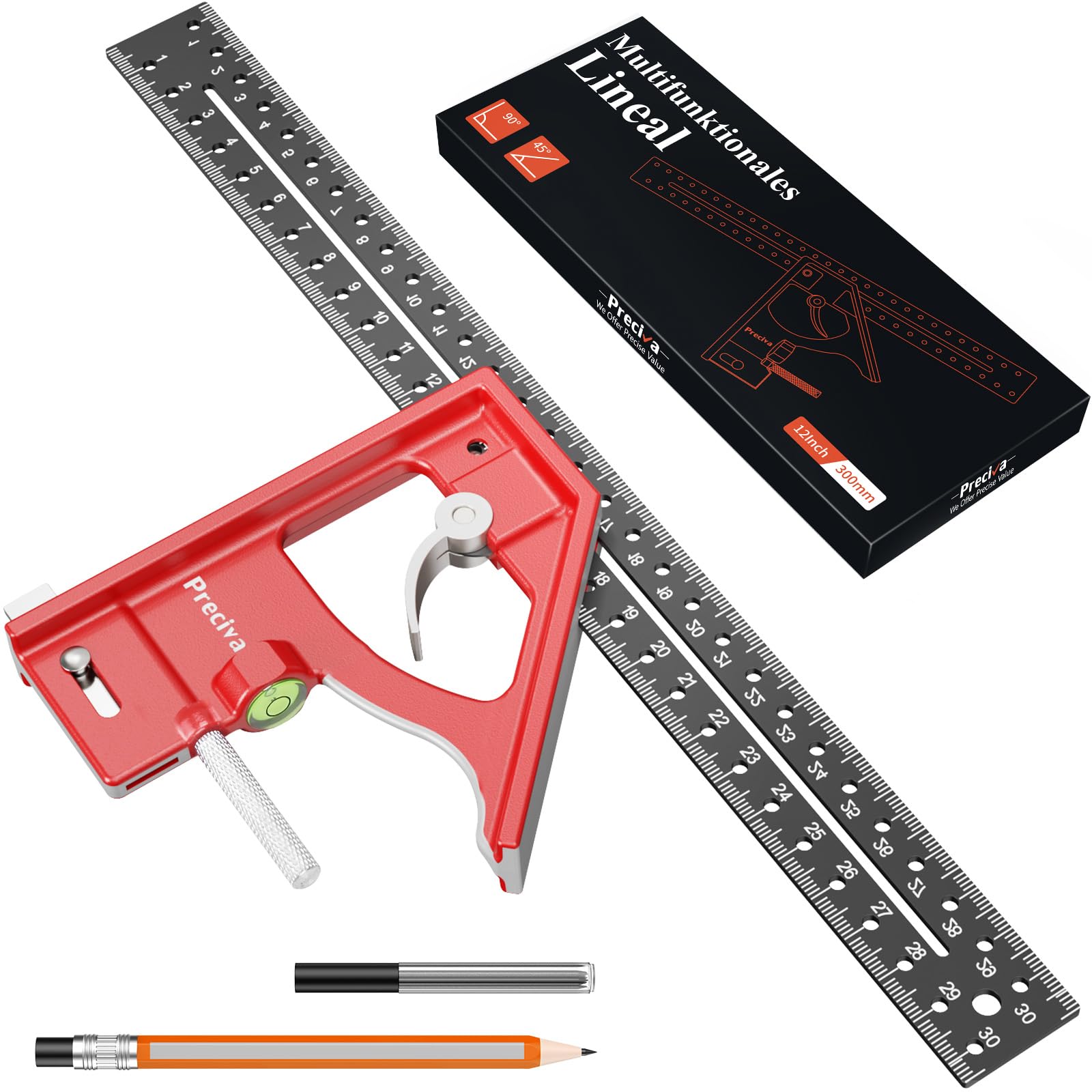 Streichmaß, Preciva Anschlagwinkel 300mm Kombinationswinkel aus Aluminiumlegierung Messwerkzeug zum Markieren von 45° und 90° für Holzbearbeitung, Heimwerken, Handwerk