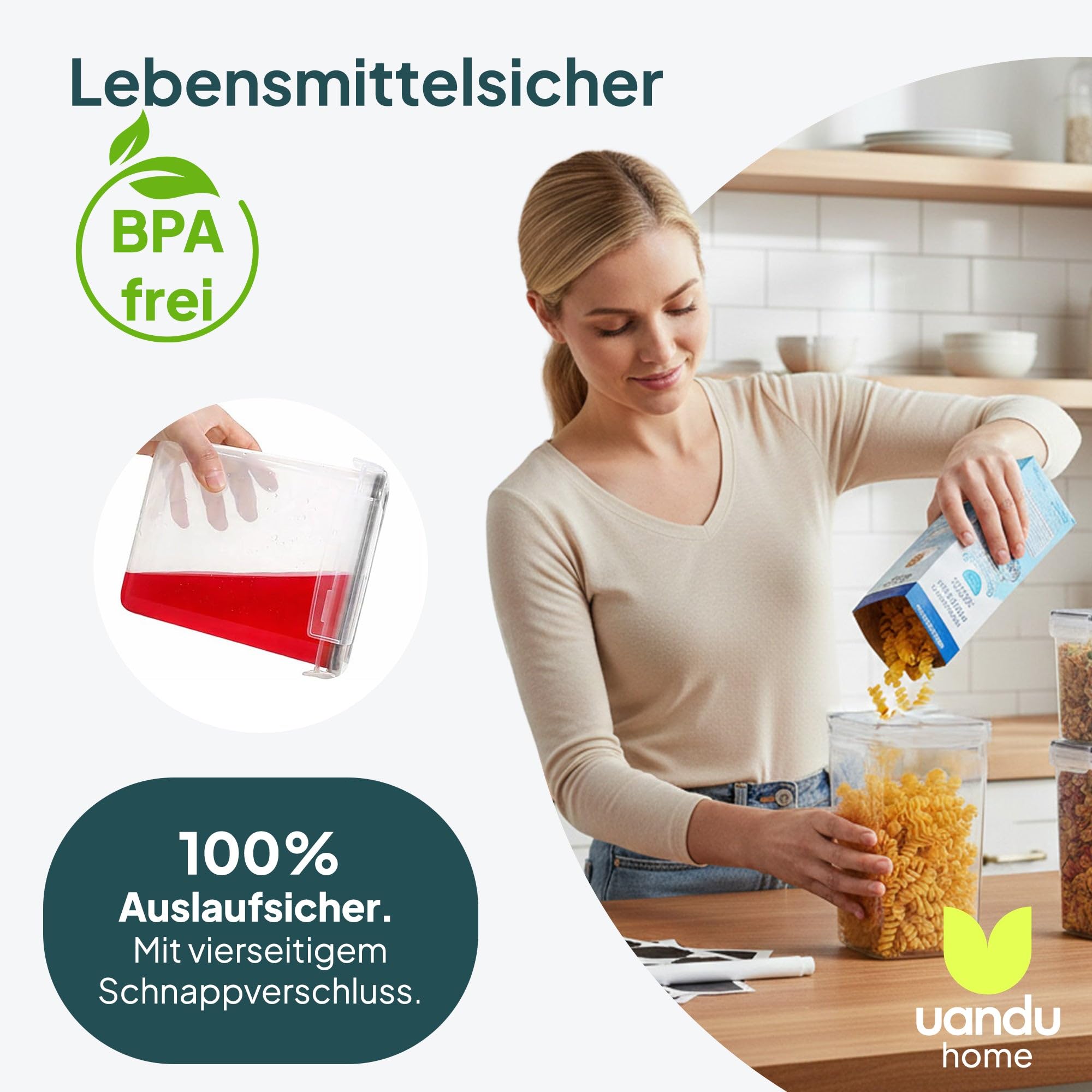 uandu Vorratsdosen mit Deckel luftdicht – 24er Vorratsbehälter Set BPA Frei, Reisbehälter, Aufbewahrungsbox Küche für Müsli, Mehl & Zucker, Mit Schreibstift und Etikett 4