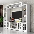 WOODTIME Large Wall Unit Entertainment Center with Bookshelves, Modern 4-Piece TV Stand with Bridge Cabinet & 19 Shelves, Media Console Table with Glass Doors for Living Room & Home Theater, White