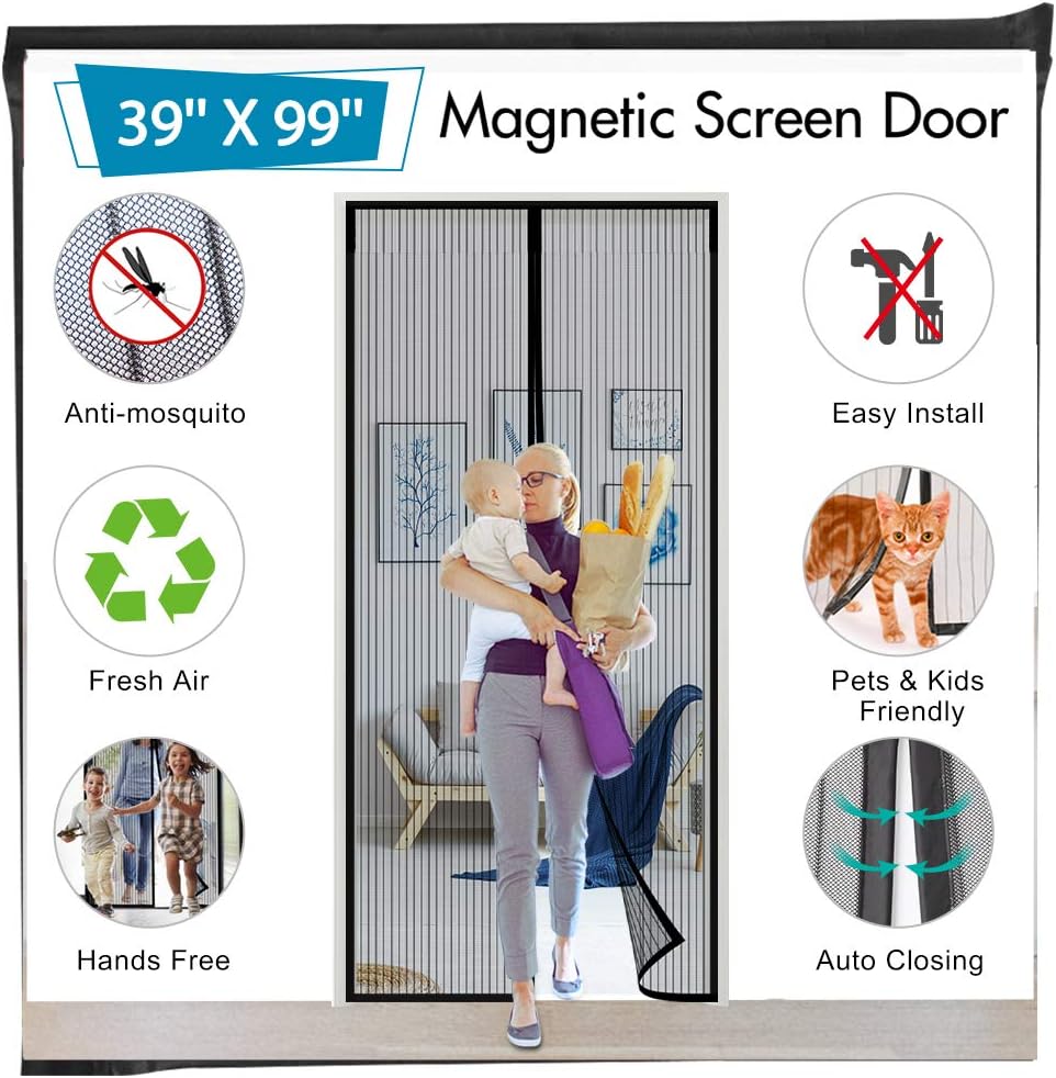 Magnetic Screen Door 39" x 99", Mkicesky Mosquito Door Net with Full Frame Hook&Loop, Hands-Free, Pets and Kids Friendly to Keep Bugs Out for Sliding Glass Door, Front/Back/Entry/Garage Doors