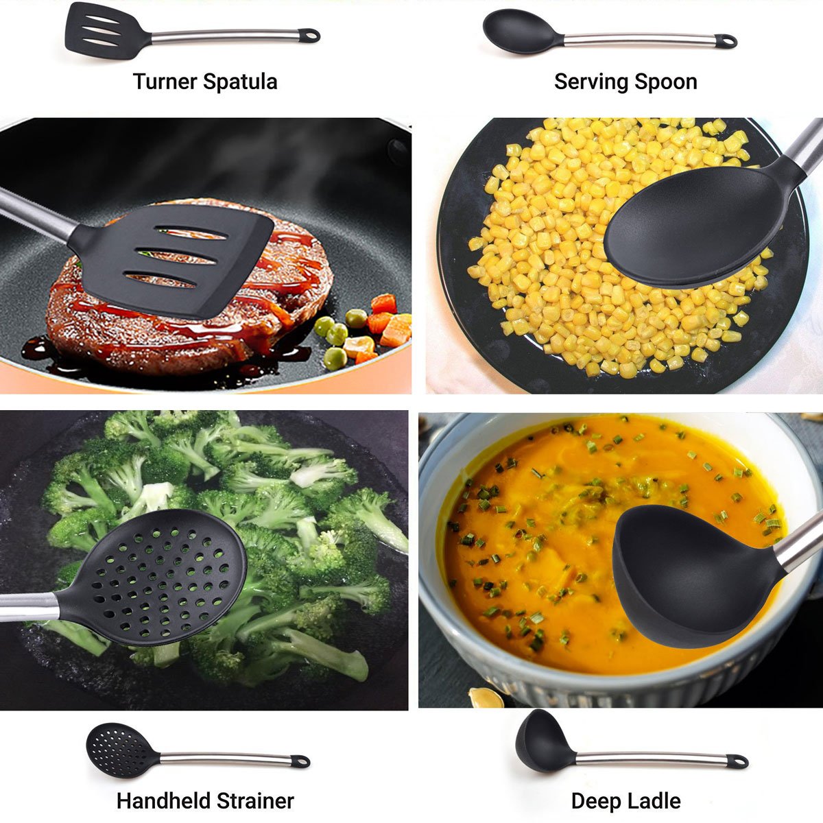 Cooking Utensils, Wifond Kitchen Utensils Set, 8-piece Silicone Stainless Steel Cooking Tools, Gadgets Set - Tongs, Spatula, Slotted Turner, Soup Ladle, Skimmer, Spoon, Pasta Server, Whisk