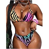 WDIRARA Women's 2 Piece Zebra Print Thong Bikini Set Sexy Halter Swimsuit High Cut Bathing Suit
