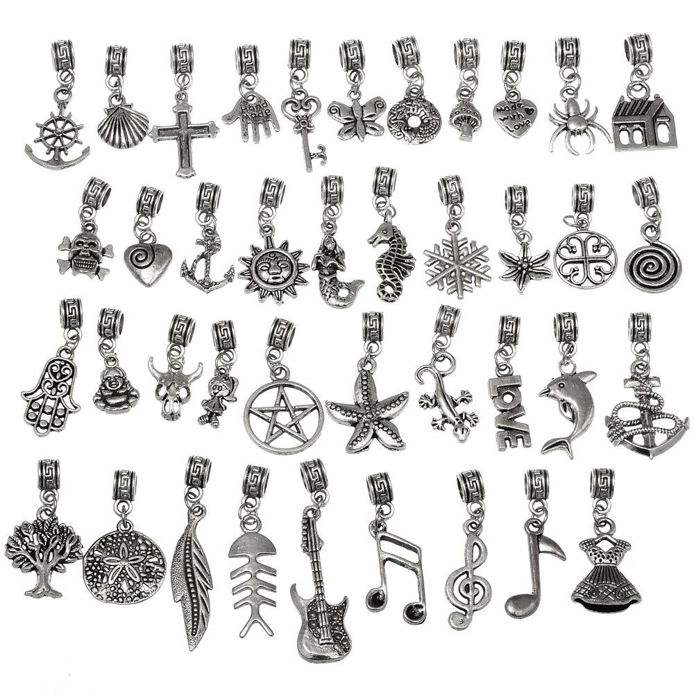 RUBYCA 120Pcs Tibetan Silver Color Connector Bails Mix Beads with Pendant fit Charm Bracelet 302