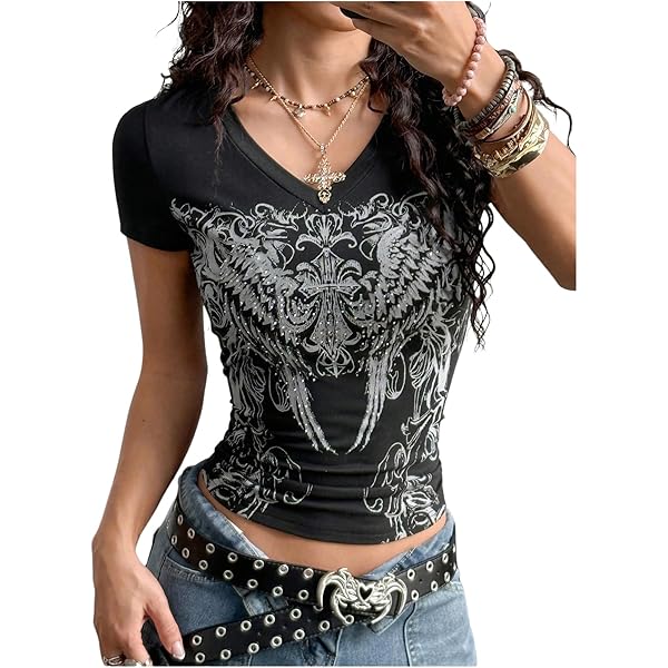 トップス 00s velours volume neck shirt scull y2k Women Y2k Vintage T-Shirt Crew Neck Short Sleeve Skull Print