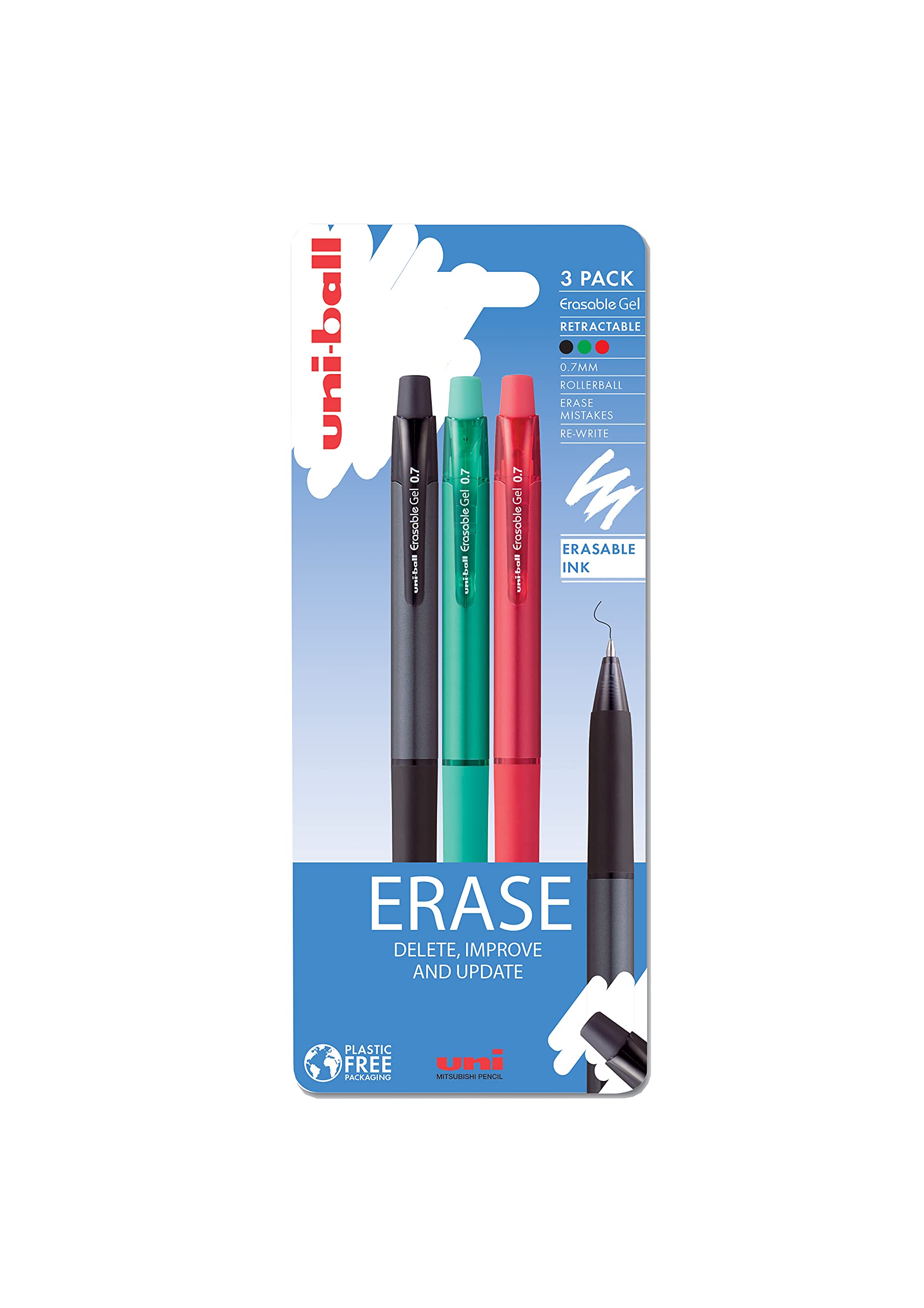uni-ball URN-181-07 Erasable Ballpoint Gel Ink Pens (3 pack) - Black, Blue & Green, 0.7mm Tip, Erase by Rubbing out, for Writing, Drawing, Sketching, Art & Crafts, Home, School or Work