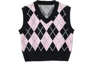 Milumia Girl's Heart Geo Argyle V Neck Sweater Vest Sleeveless Crop Tops Knitwear