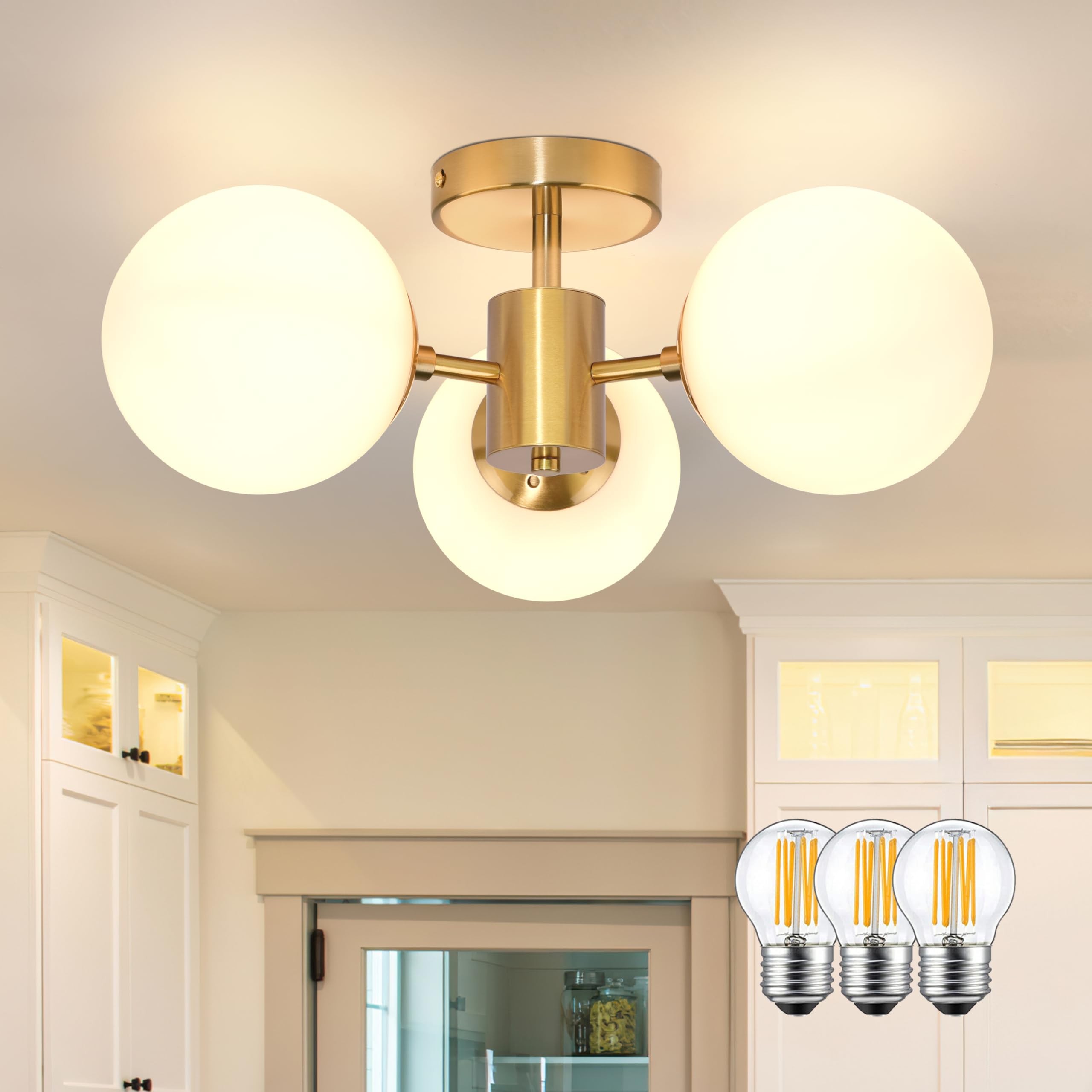 Photo 1 of Bagood Mid Century Modern 19 Inch Brass Semi Flush Mount Ceiling Lights 3-Light Frosted Globe Glass Gold Chandelier Modern Light Fixtures Ceiling Lights Fixture for Bedroom Hallway Entryway