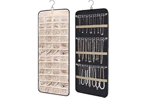Hanging Jewelry Organizer Roll with Hanger, Double Sided Jewelry Hanging Storage Holder with 48 Pouches and 21 Necklace Hooks