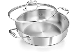 KOCH SYSTEME CS 12 Inch Tri-Ply Stainless Steel Saute Pan, 6 Quart 18/10 Stainless Steel Deep Frying Pan with Lid, Large Skil