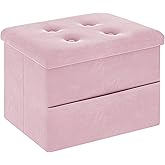 ZOES HOMEWARE Small Storage Ottoman Foot Rest, Velvet Ottoman with Storage and Side Pocket, Pink Foot Rest for Couch, Foldable Footstool Ottoman for Chair,Living Room&Dorm, 16"x12"x12" Pink