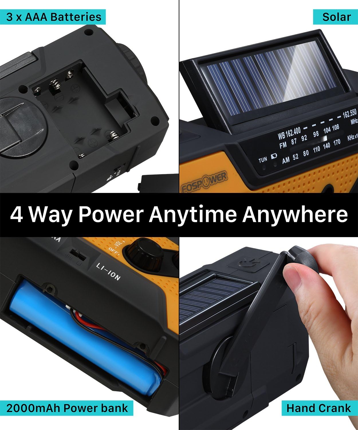 FosPower Emergency Solar Hand Crank Portable Radio, NOAA Weather Radio for Household and Outdoor Emergency with AM/FM, LED Flashlight, Reading Lamp, 2000mAh Power Bank USB Charger and SOS Alarm: Home Audio & Theater